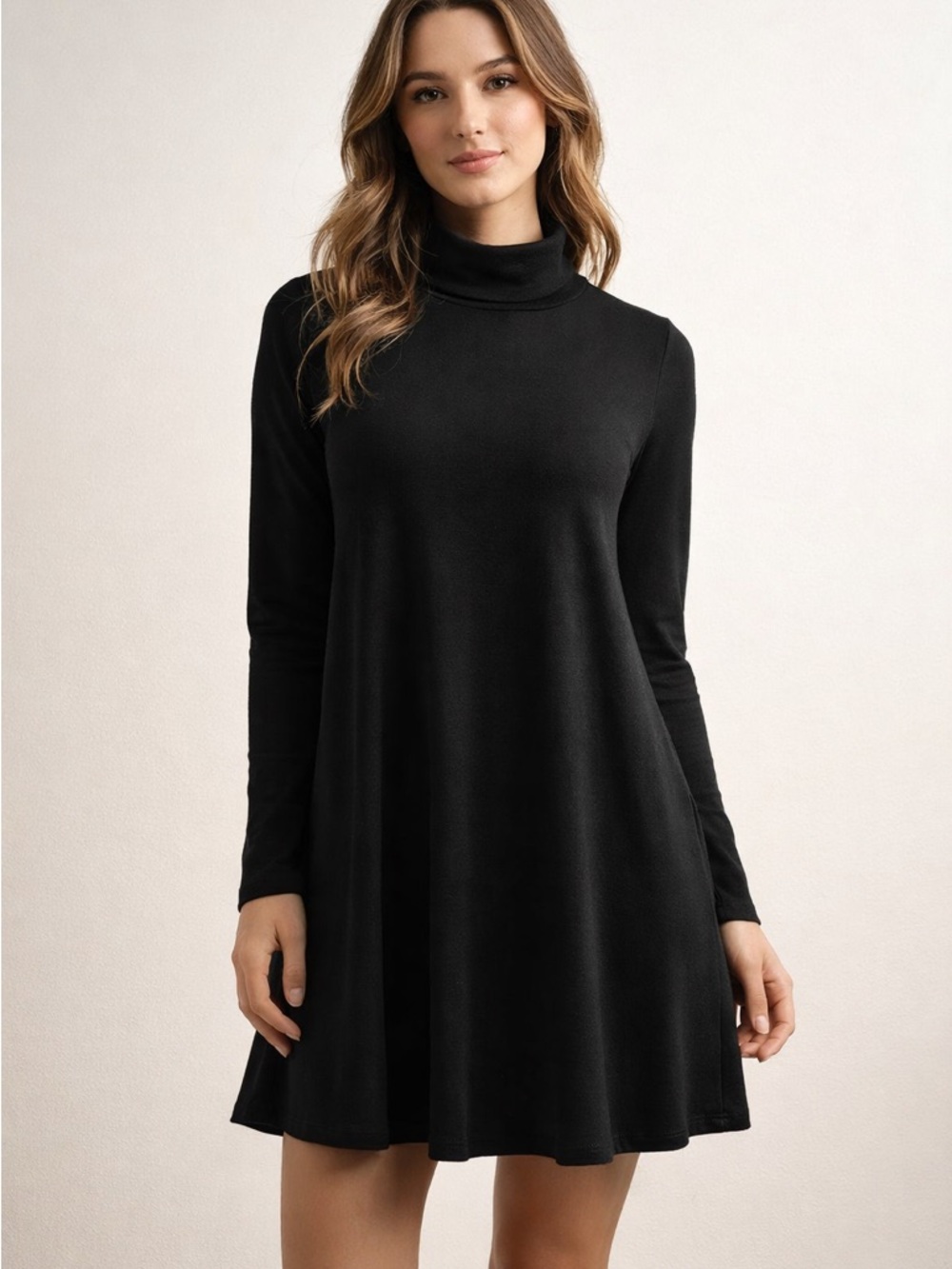 Cotton Emporium Black Long-Sleeve Turtleneck Swing Dress